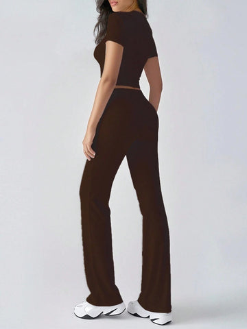 Women's Fashionable Navel-Baring Short-Sleeved Tops, Slim-Fitting Lace-Up Flared Pants