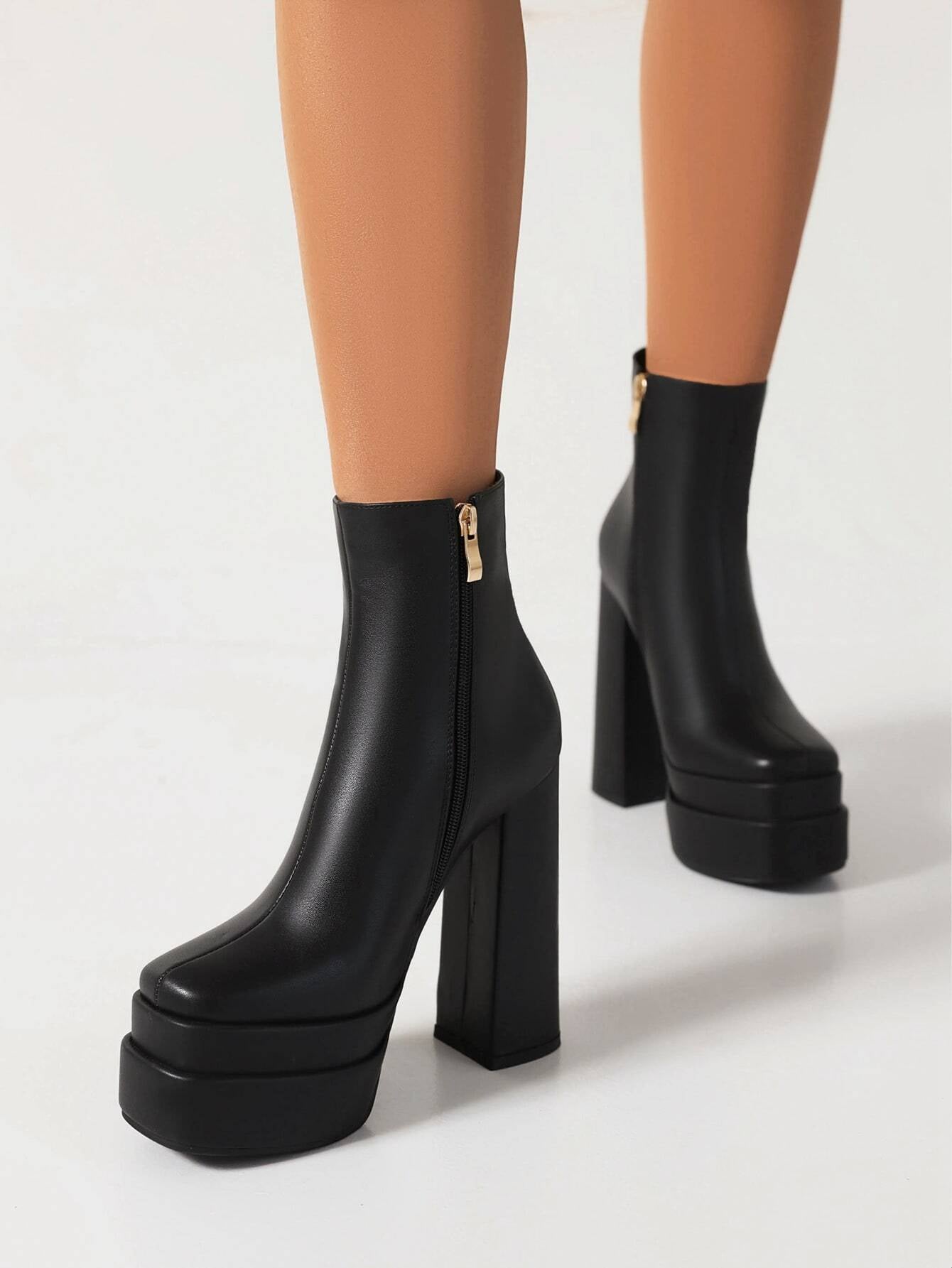 Square Toe High Heel Classic Boots shein