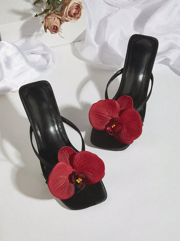 Square Toe Satin Floral Thong Strappy High Heel Sandals