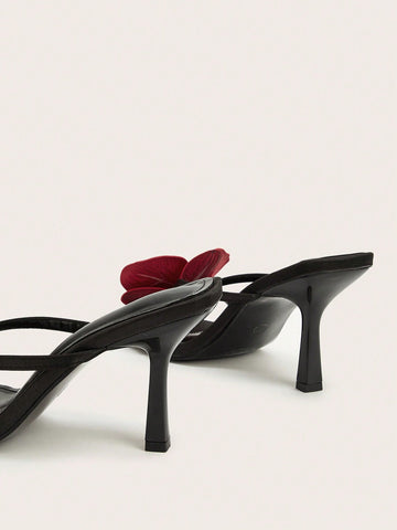 Square Toe Satin Floral Thong Strappy High Heel Sandals