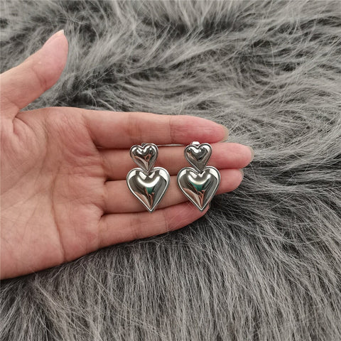 Stainless Steel Double Heart Shaped Drop Earrings for Women shein