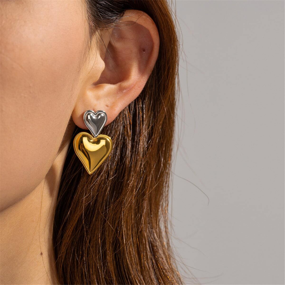 Stainless Steel Double Heart Shaped Drop Earrings for Women shein