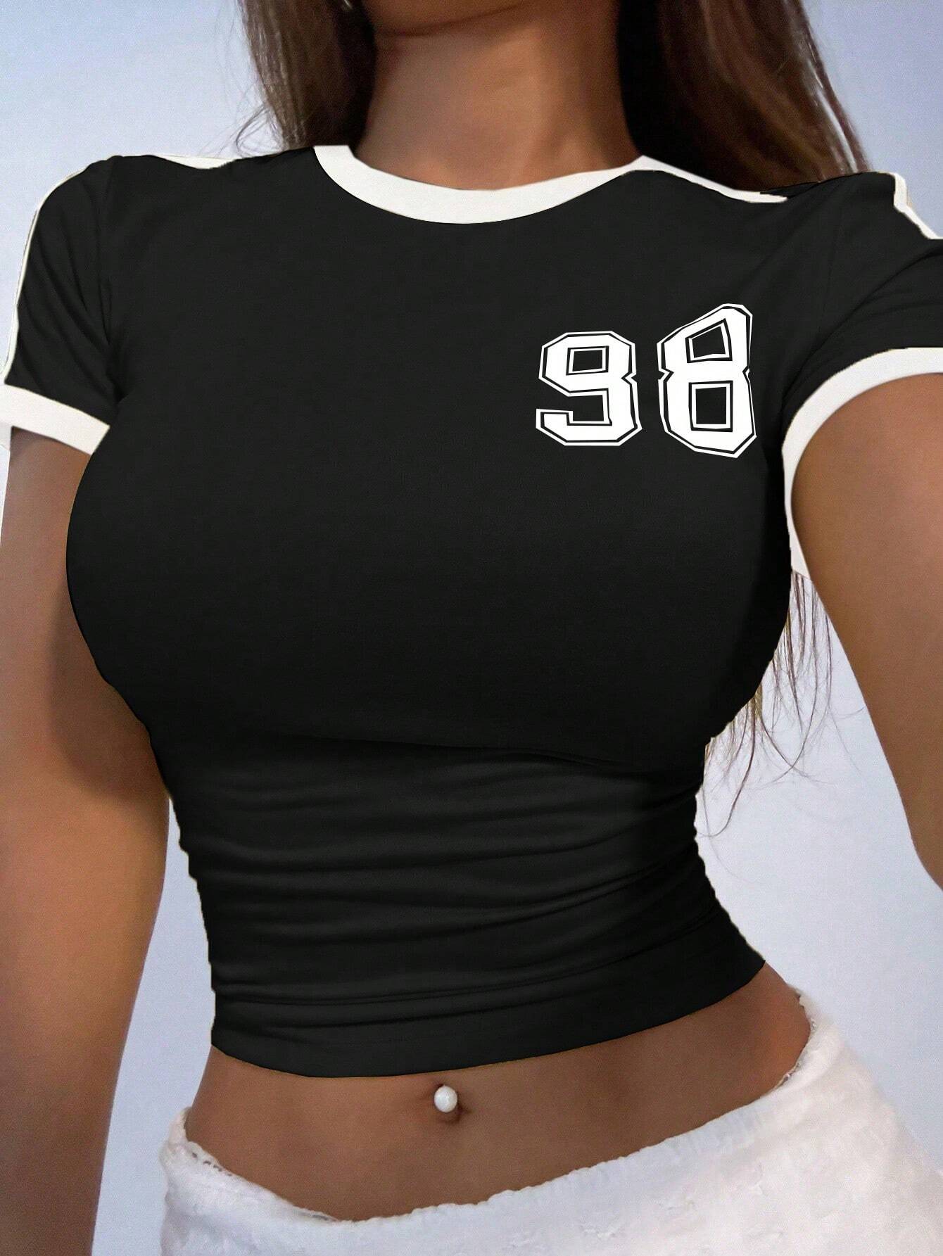 Color-Blocking Digit & Letter Print Slim Fit Short Sleeve T-Shirt shein