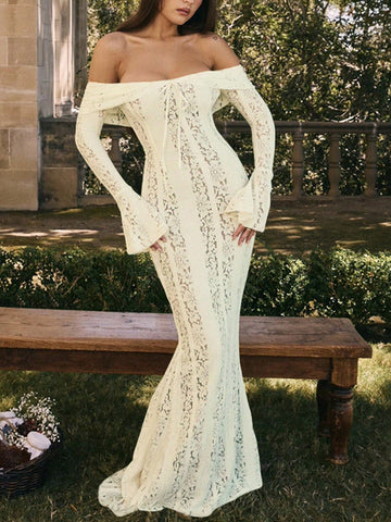 Sexy Slit Lace Hollow-Out Tie-Up Off-Shoulder Long Sleeve Fitted Fishtail Dress