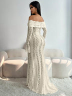 Sexy Slit Lace Hollow-Out Tie-Up Off-Shoulder Long Sleeve Fitted Fishtail Dress shein