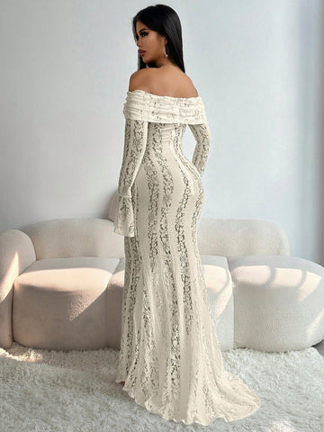 Sexy Slit Lace Hollow-Out Tie-Up Off-Shoulder Long Sleeve Fitted Fishtail Dress