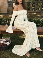 Sexy Slit Lace Hollow-Out Tie-Up Off-Shoulder Long Sleeve Fitted Fishtail Dress shein