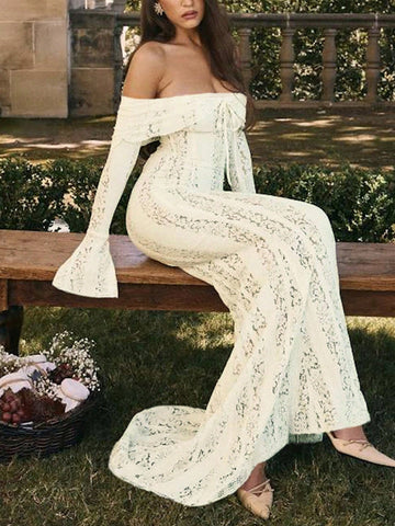 Sexy Slit Lace Hollow-Out Tie-Up Off-Shoulder Long Sleeve Fitted Fishtail Dress