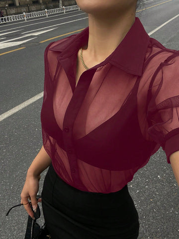 DAZY Minimalist Sheer Mesh Chiffon Short Sleeve Shirt Blouse