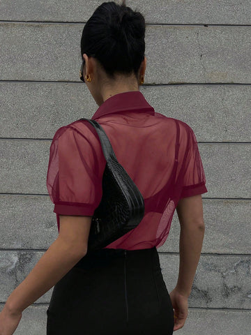 DAZY Minimalist Sheer Mesh Chiffon Short Sleeve Shirt Blouse