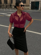 DAZY Minimalist Sheer Mesh Chiffon Short Sleeve Shirt Blouse shein