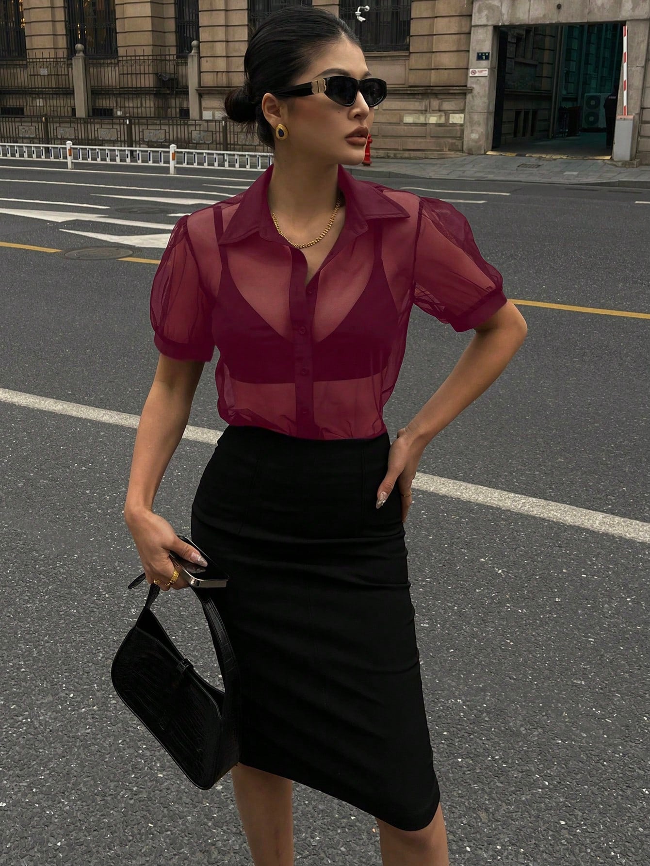 DAZY Minimalist Sheer Mesh Chiffon Short Sleeve Shirt Blouse shein