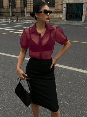 DAZY Minimalist Sheer Mesh Chiffon Short Sleeve Shirt Blouse