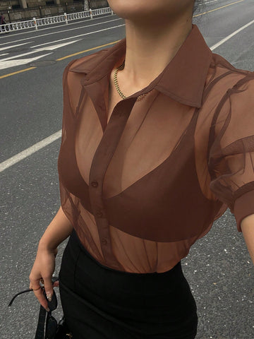 DAZY Minimalist Sheer Mesh Chiffon Short Sleeve Shirt Blouse