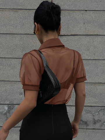 DAZY Minimalist Sheer Mesh Chiffon Short Sleeve Shirt Blouse