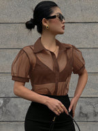 DAZY Minimalist Sheer Mesh Chiffon Short Sleeve Shirt Blouse shein