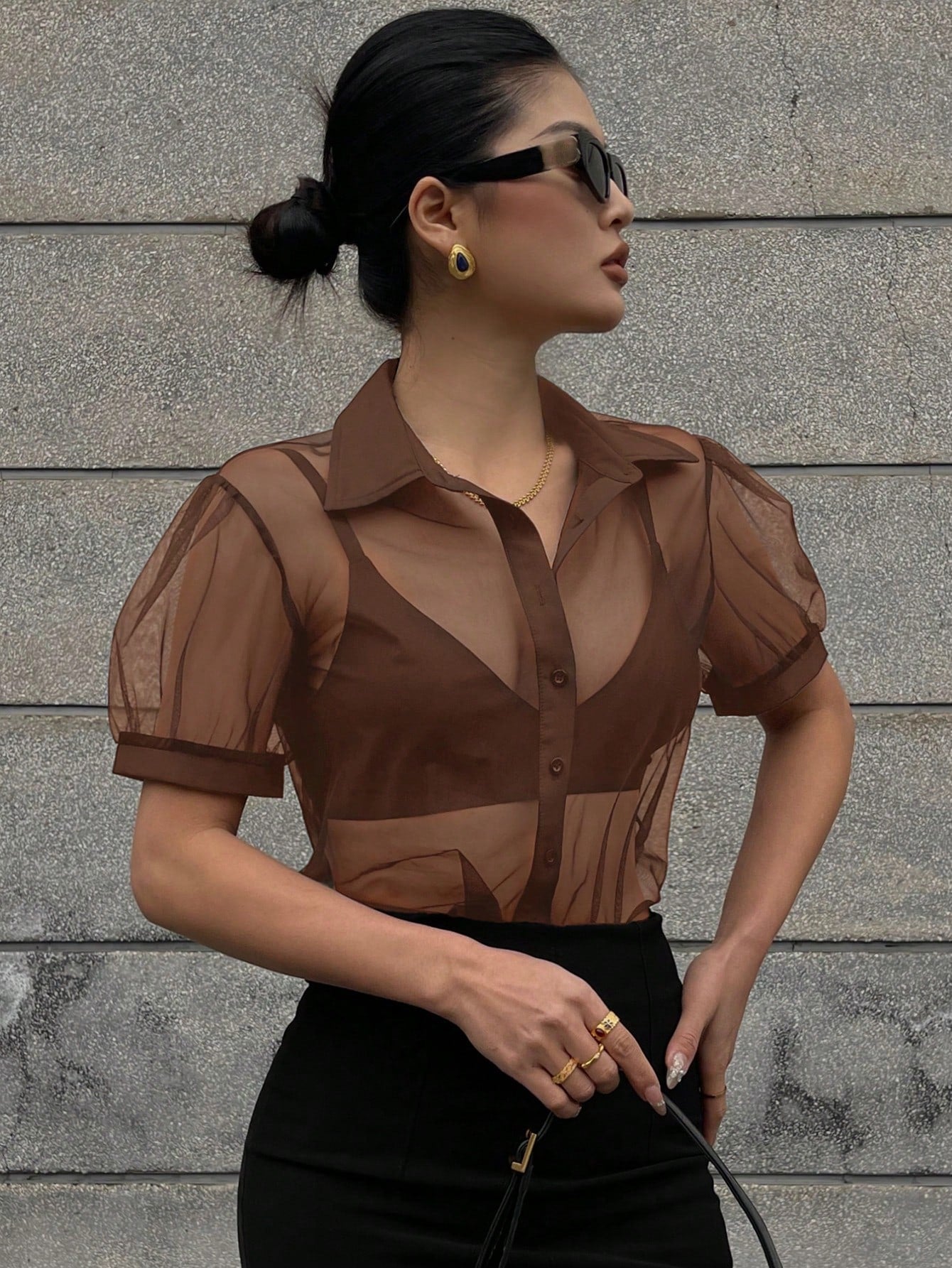 DAZY Minimalist Sheer Mesh Chiffon Short Sleeve Shirt Blouse shein