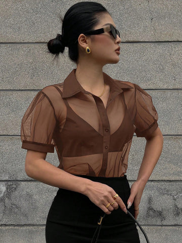 DAZY Minimalist Sheer Mesh Chiffon Short Sleeve Shirt Blouse