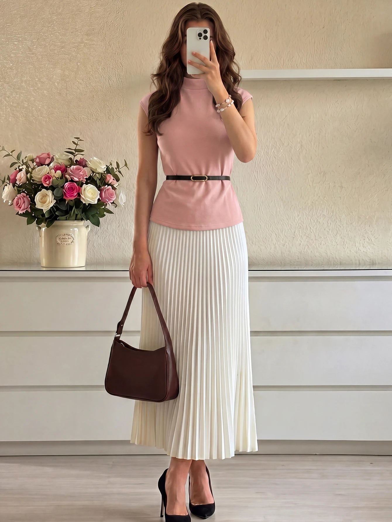 Women's Solid Color Stand Collar Cap Sleeve T-Shirt And Pleated Skirt shein