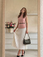 Women's Solid Color Stand Collar Cap Sleeve T-Shirt And Pleated Skirt