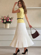 Women's Solid Color Stand Collar Cap Sleeve T-Shirt And Pleated Skirt