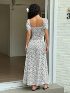 Ditsy Floral Square Neck Puff Sleeve Straight Short Sleeve Midi Dress shein