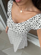 Ditsy Floral Square Neck Puff Sleeve Straight Short Sleeve Midi Dress shein