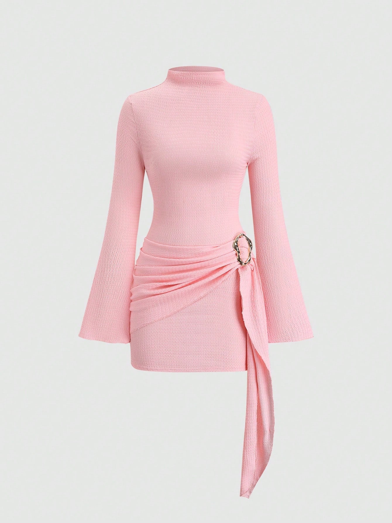 Women's Stand Collar Cinched Waist Minimalist Flare Sleeve Bodycon Midi Dress shein