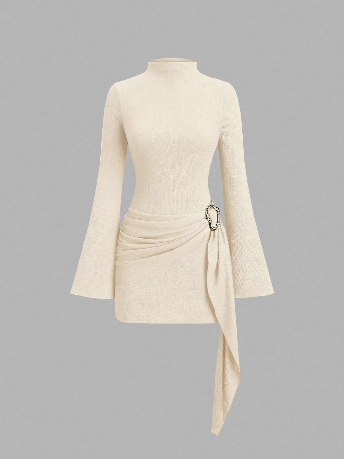 Women's Stand Collar Cinched Waist Minimalist Flare Sleeve Bodycon Midi Dress shein