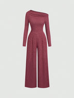 Women's Oblique Shoulder Ruched V-Waist Casual Business Jumpsuit shein