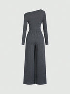 Women's Oblique Shoulder Ruched V-Waist Casual Business Jumpsuit shein