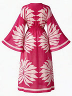 Women's Vacation Beach Mesh Shell Digital Print Flare Sleeve Elastic Waist Drawstring Tie Vacation Kimono Robe shein