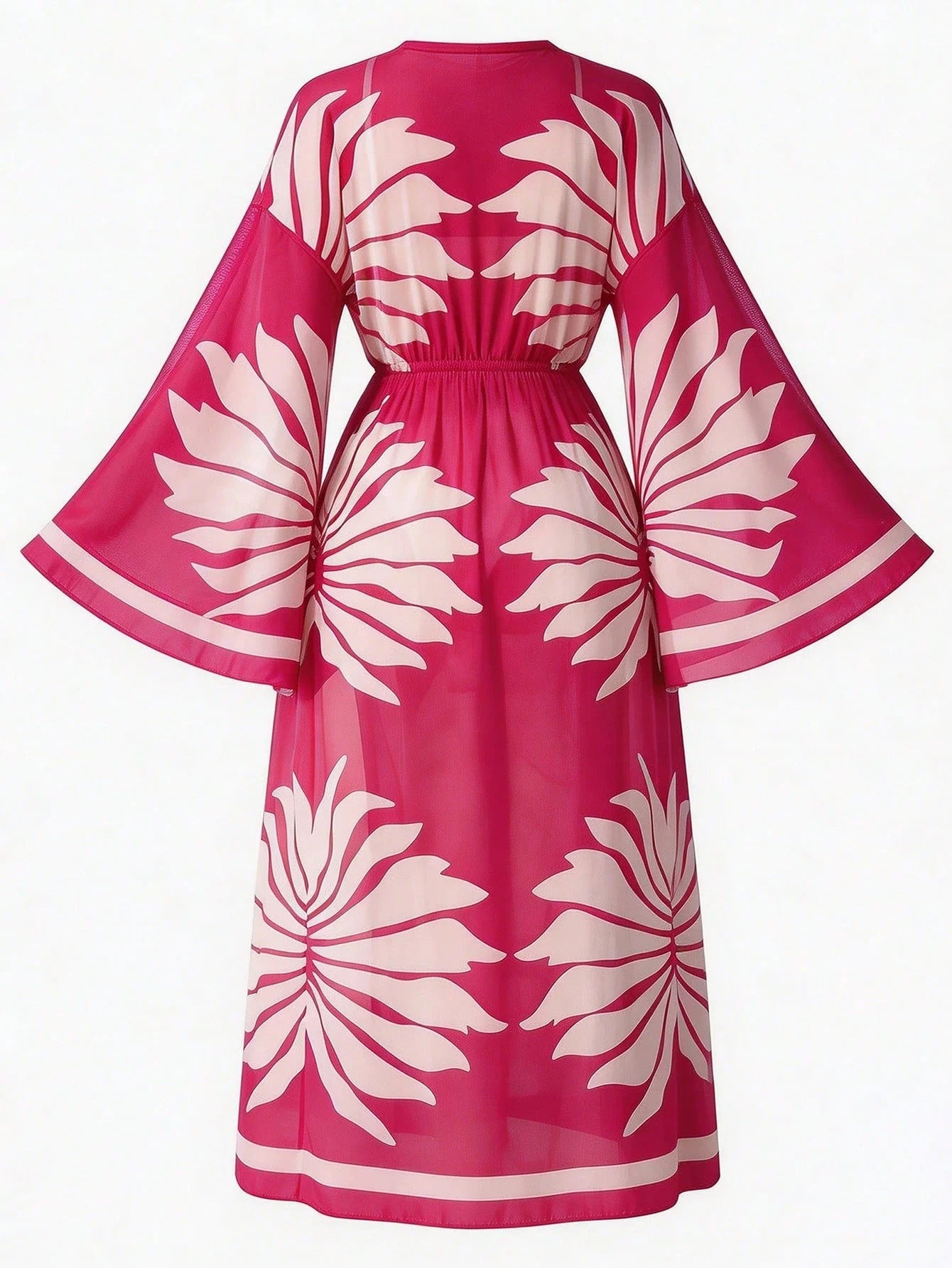 Women's Vacation Beach Mesh Shell Digital Print Flare Sleeve Elastic Waist Drawstring Tie Vacation Kimono Robe shein