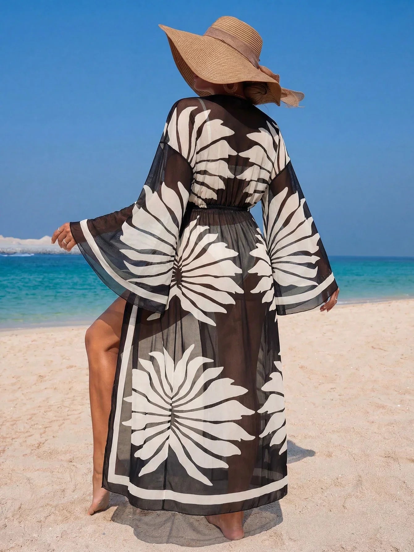 Women's Vacation Beach Mesh Shell Digital Print Flare Sleeve Elastic Waist Drawstring Tie Vacation Kimono Robe shein
