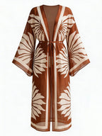Women's Vacation Beach Mesh Shell Digital Print Flare Sleeve Elastic Waist Drawstring Tie Vacation Kimono Robe shein