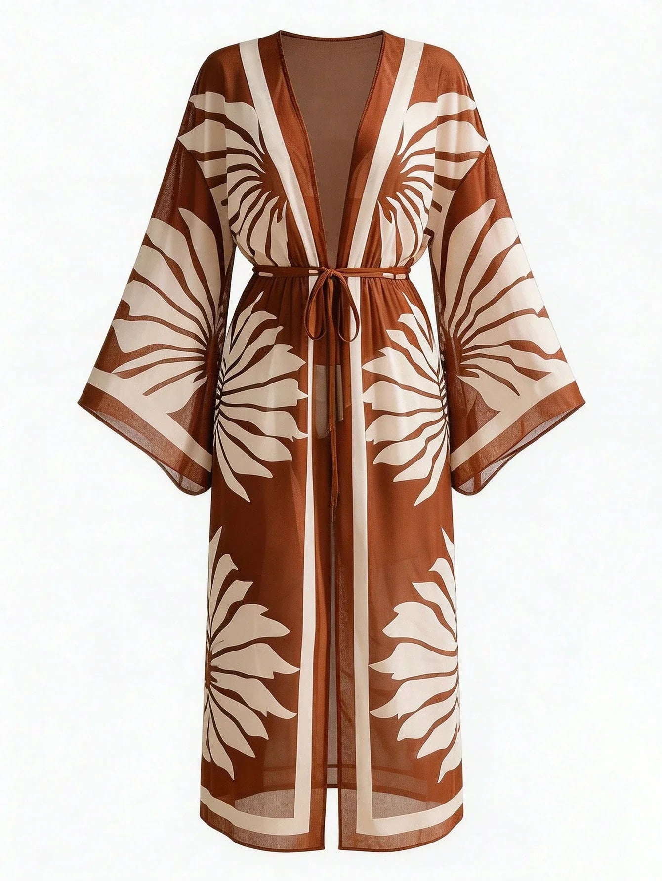 Women's Vacation Beach Mesh Shell Digital Print Flare Sleeve Elastic Waist Drawstring Tie Vacation Kimono Robe shein