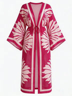 Women's Vacation Beach Mesh Shell Digital Print Flare Sleeve Elastic Waist Drawstring Tie Vacation Kimono Robe shein
