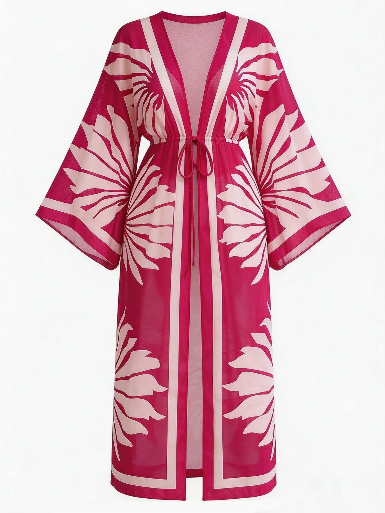 Women's Vacation Beach Mesh Shell Digital Print Flare Sleeve Elastic Waist Drawstring Tie Vacation Kimono Robe shein