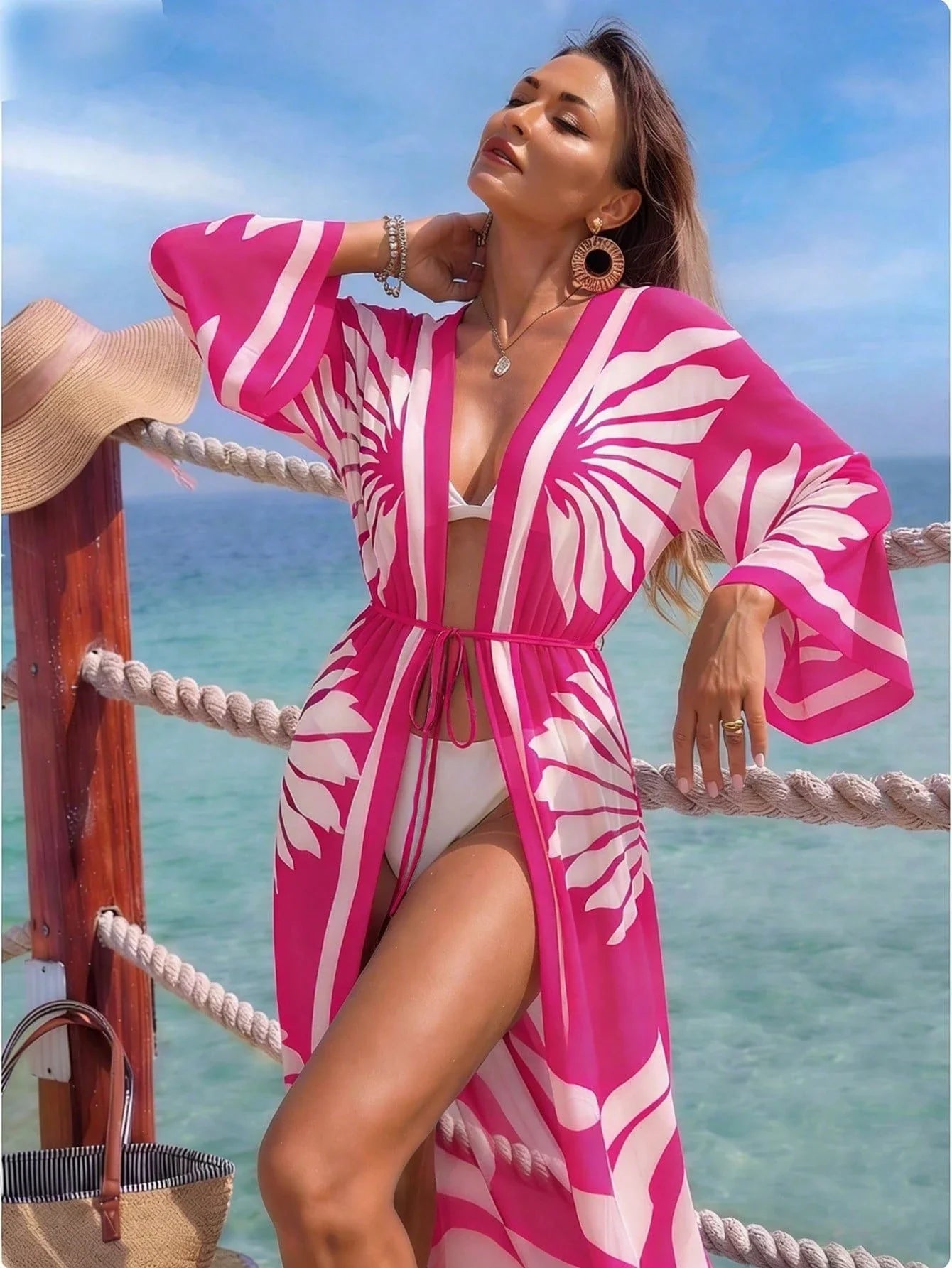Women's Vacation Beach Mesh Shell Digital Print Flare Sleeve Elastic Waist Drawstring Tie Vacation Kimono Robe shein
