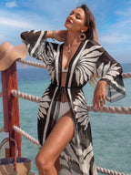 Women's Vacation Beach Mesh Shell Digital Print Flare Sleeve Elastic Waist Drawstring Tie Vacation Kimono Robe shein