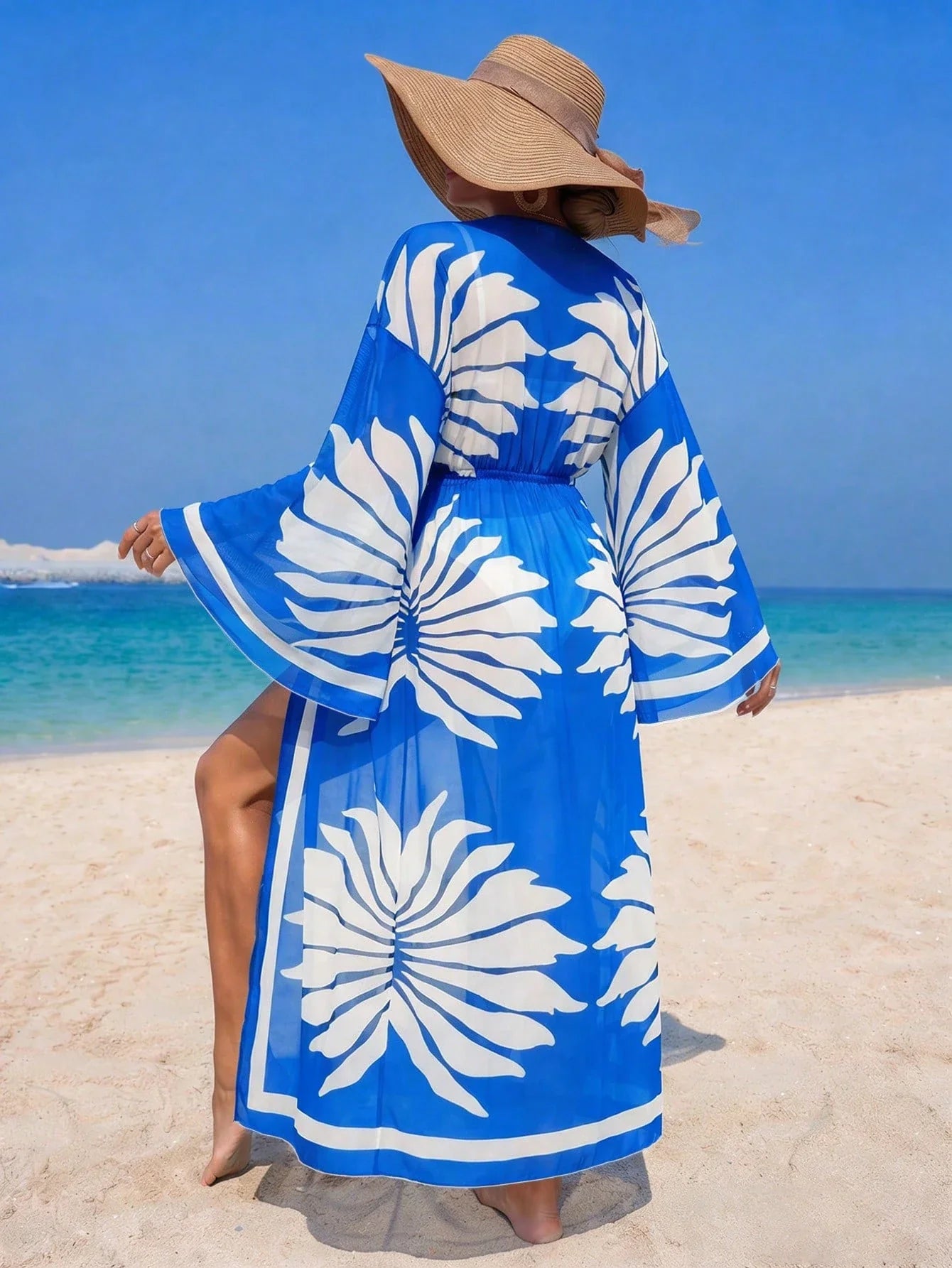 Women's Vacation Beach Mesh Shell Digital Print Flare Sleeve Elastic Waist Drawstring Tie Vacation Kimono Robe shein