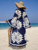 Women's Vacation Beach Mesh Shell Digital Print Flare Sleeve Elastic Waist Drawstring Tie Vacation Kimono Robe shein