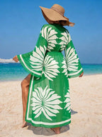 Women's Vacation Beach Mesh Shell Digital Print Flare Sleeve Elastic Waist Drawstring Tie Vacation Kimono Robe shein