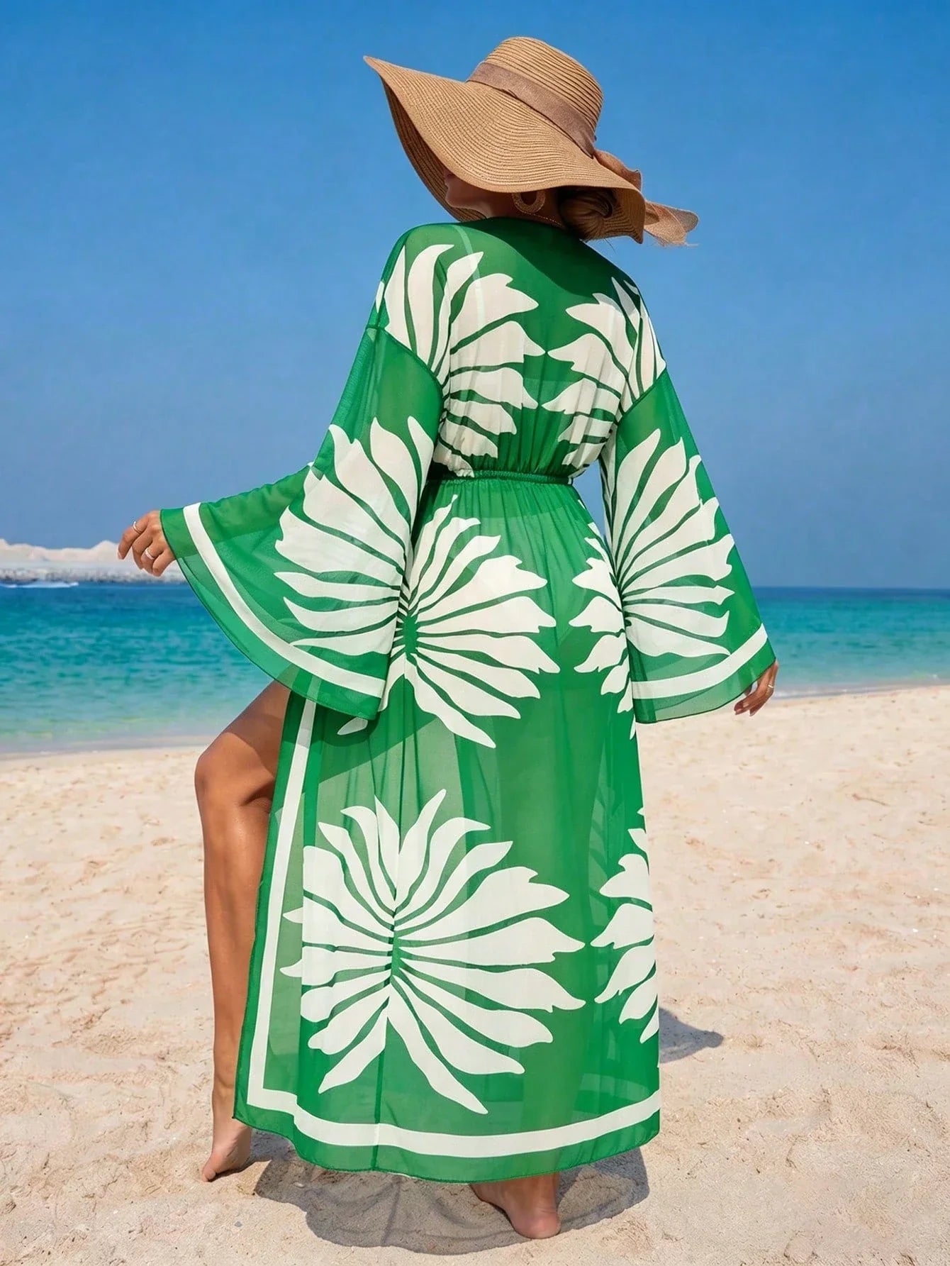 Women's Vacation Beach Mesh Shell Digital Print Flare Sleeve Elastic Waist Drawstring Tie Vacation Kimono Robe shein