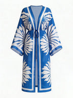 Women's Vacation Beach Mesh Shell Digital Print Flare Sleeve Elastic Waist Drawstring Tie Vacation Kimono Robe shein