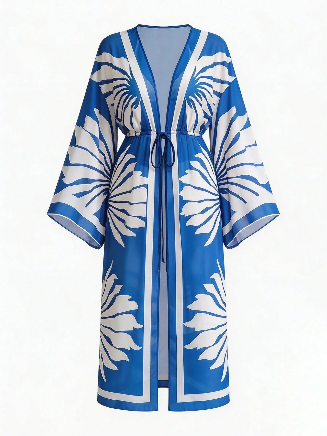 Women's Vacation Beach Mesh Shell Digital Print Flare Sleeve Elastic Waist Drawstring Tie Vacation Kimono Robe shein
