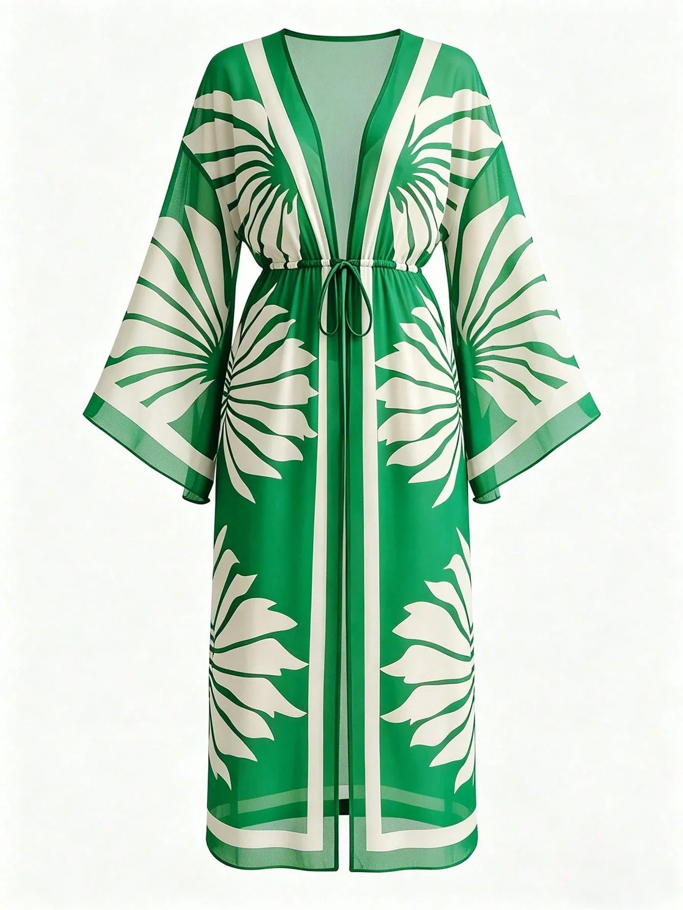 Women's Vacation Beach Mesh Shell Digital Print Flare Sleeve Elastic Waist Drawstring Tie Vacation Kimono Robe shein