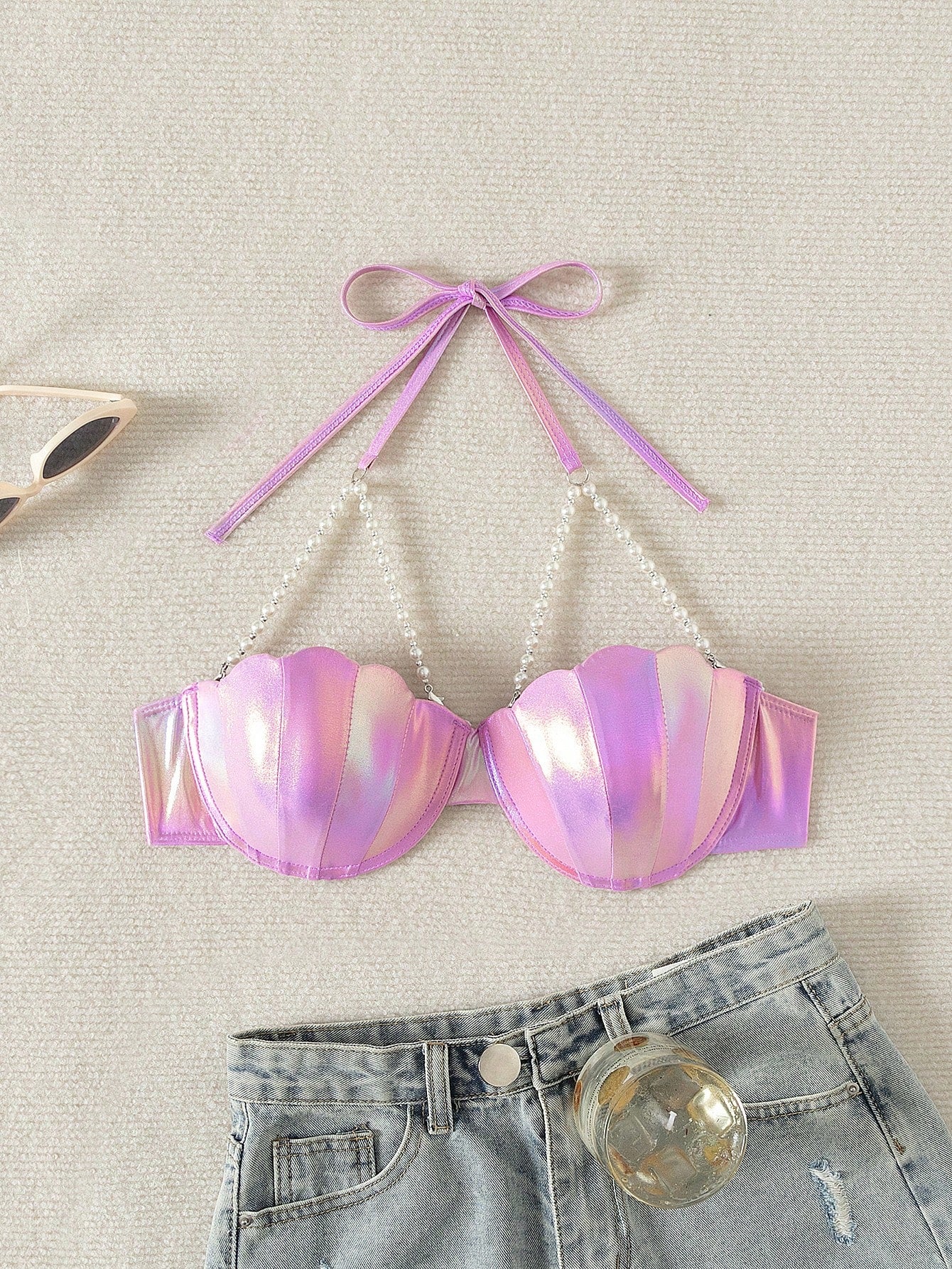 Women Halter Backless One-Piece Bikini Top shein