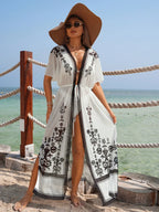 Women's Casual Vacation Minimalist Everyday Printed Tie Front Short Sleeve Cover Up shein