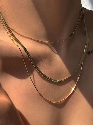 Three Layers gold color Stainless Steel Snake Chain Choker Necklace shein